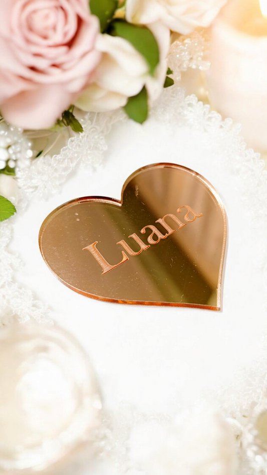 Tag / Segnaposto forma di cuore in plexiglass specchiato rettangolare oro o argento Battesimo / Matrimonio / Nozze / Comunione