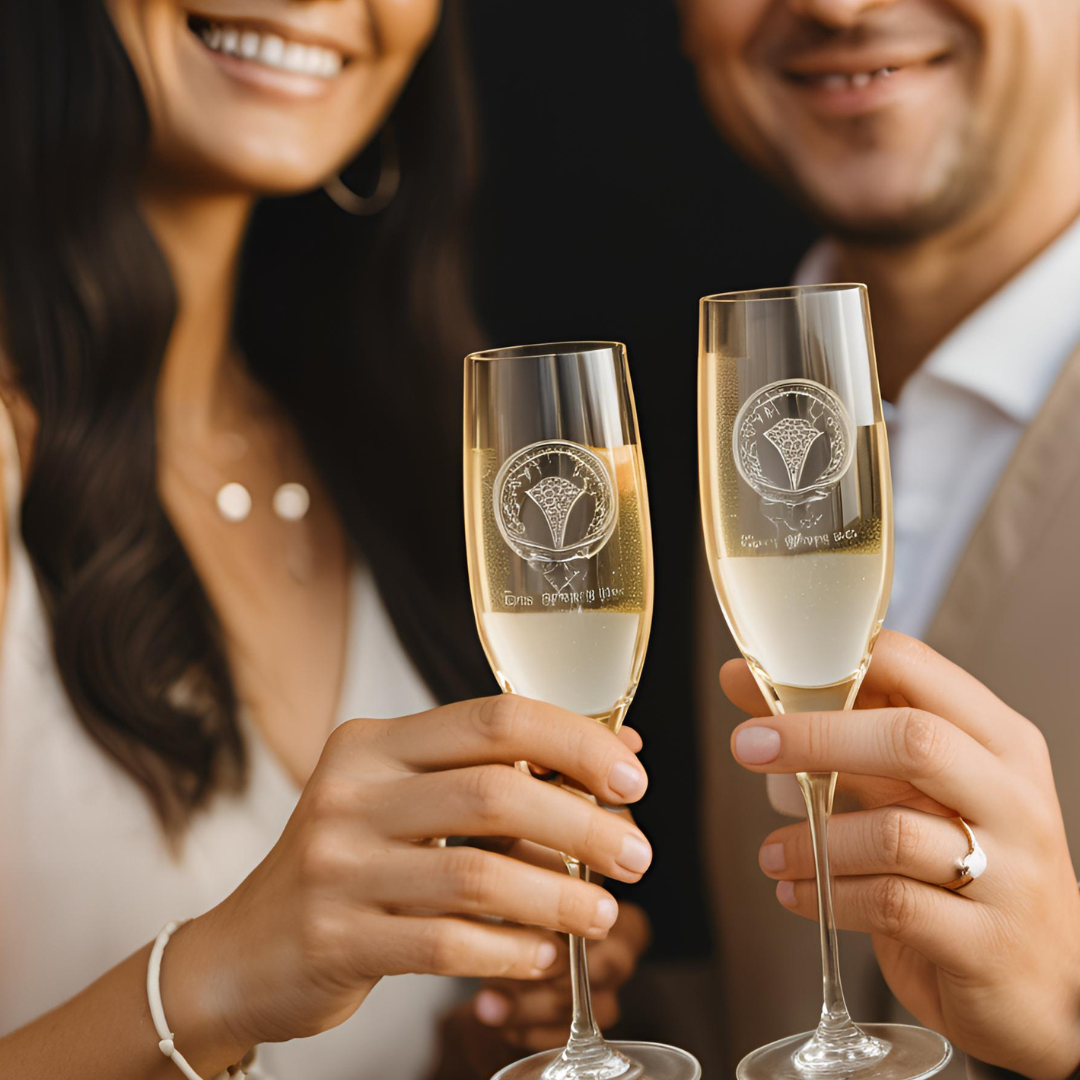 flute da champagne spumante prosecco personalizzati con incisione laser nomi, loghi invia il tuo design regalo / bar / ristoranti / hotel