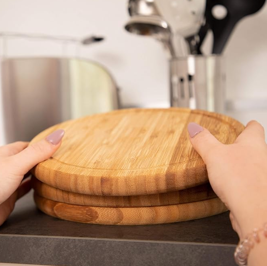 6 Taglieri da Cucina Rotondi, bambù, 25 cm, Tovagliette, Vassoi Colazione in Legno, bomboniera