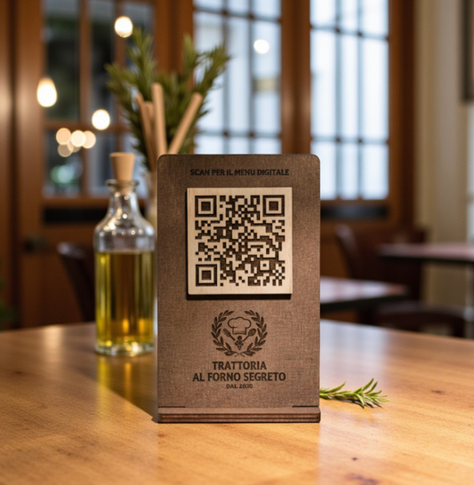 qr code cavalierino in legno noce scuro con incisione personalizzata logo per ristorante bar pub locale rustico