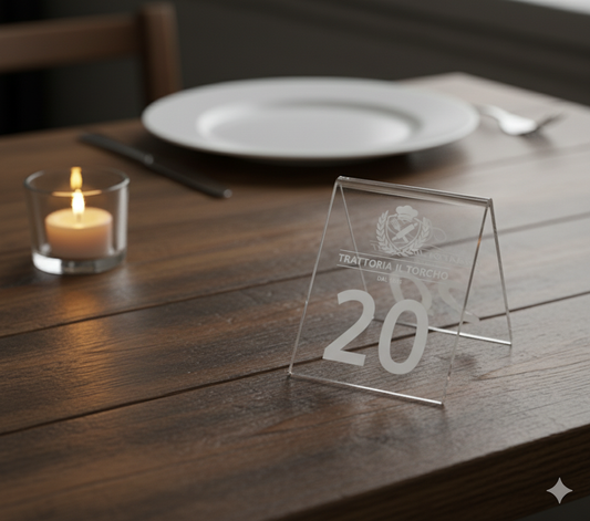 Cavalierino Segnatavolo/Menù in Plexiglass trasparente con Incisione Laser Personalizzata