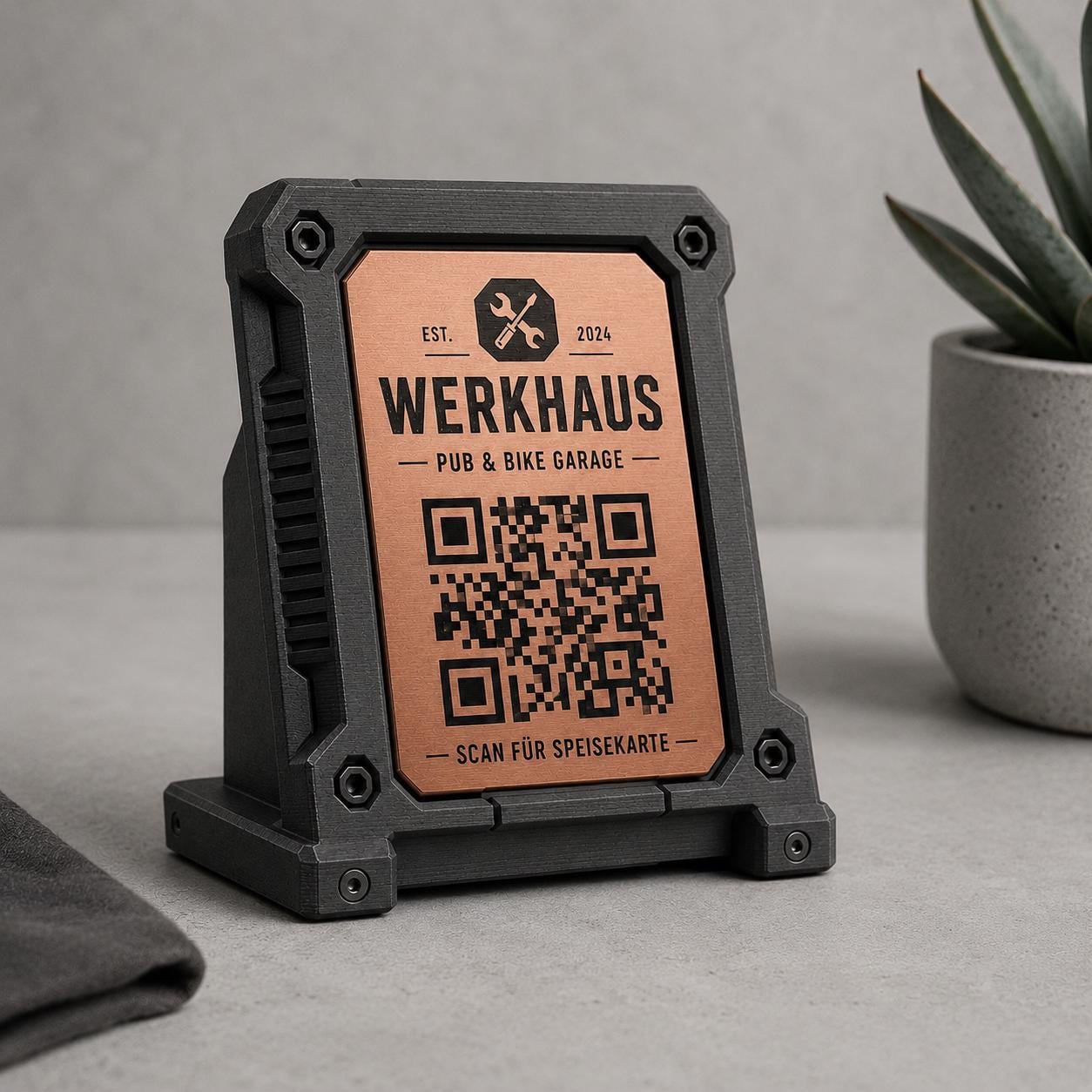 Porta QR Code Ristorante Stile Industrial rock hamburgeria acciaio | Segnatavolo Personalizzato con Logo Steakhouse PUB | Supporto Menu