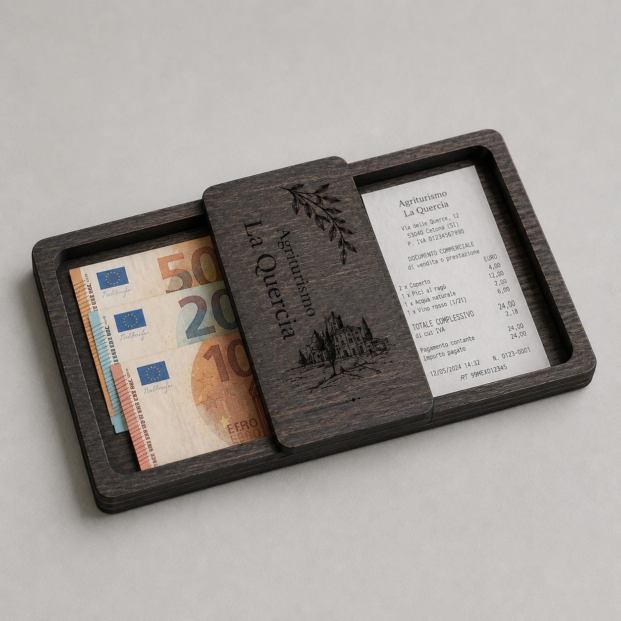 Portaricevuta in legno noce con incisione logo ristorante personalizzato, segnatavolo inciso laser per menu digitale ristorante bar hotel
