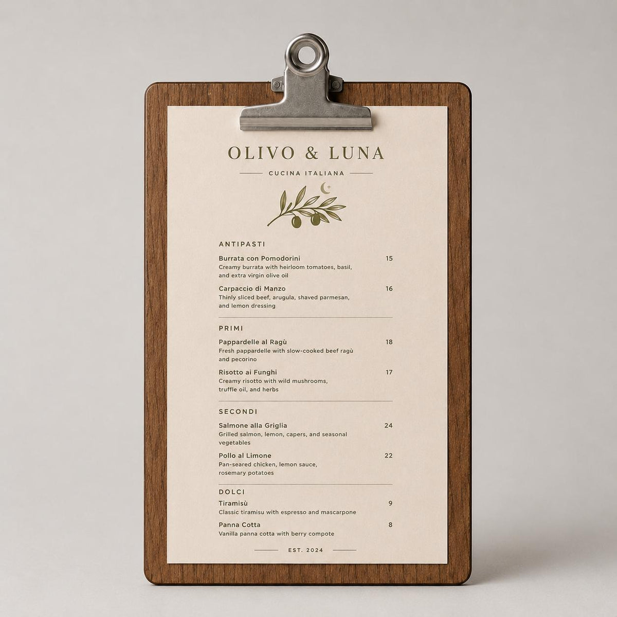 Portamenu molletta bulldog in legno pioppo ebano formato A4 Personalizzato | Menu Ristorante personalizzato| Copertina
