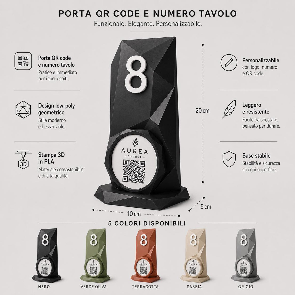 Porta QR Code sabbia da Tavolo Personalizzato | Numero Tavolo 3D Low Poly | Supporto Menu Digitale per Ristorante, Bar, Hotel e Cocktail Bar