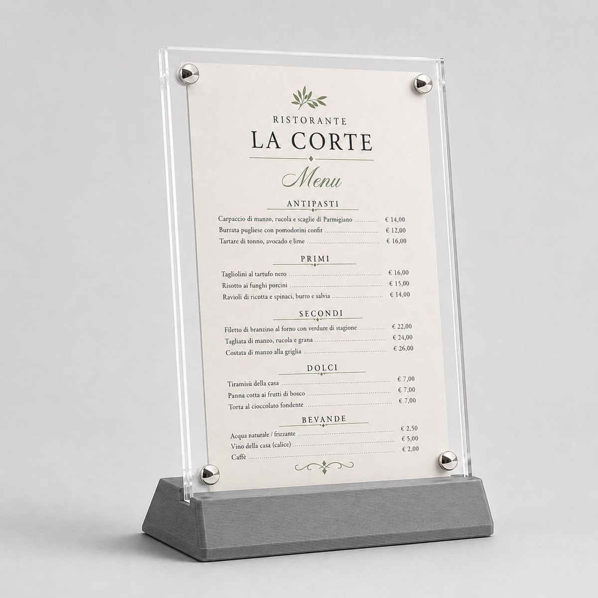 Portamenu in plexiglas con base color sabbia intercambiabile. menu holder A5 Elegance – Con Base in Stampa 3D e Acrilico con viti sepolte