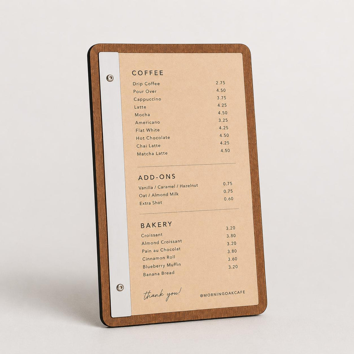 Portamenu tavoletta pioppo color noce in legno bacchetta verticale plexiglas specchiato formato A4 Personalizzato | Menu Ristorante