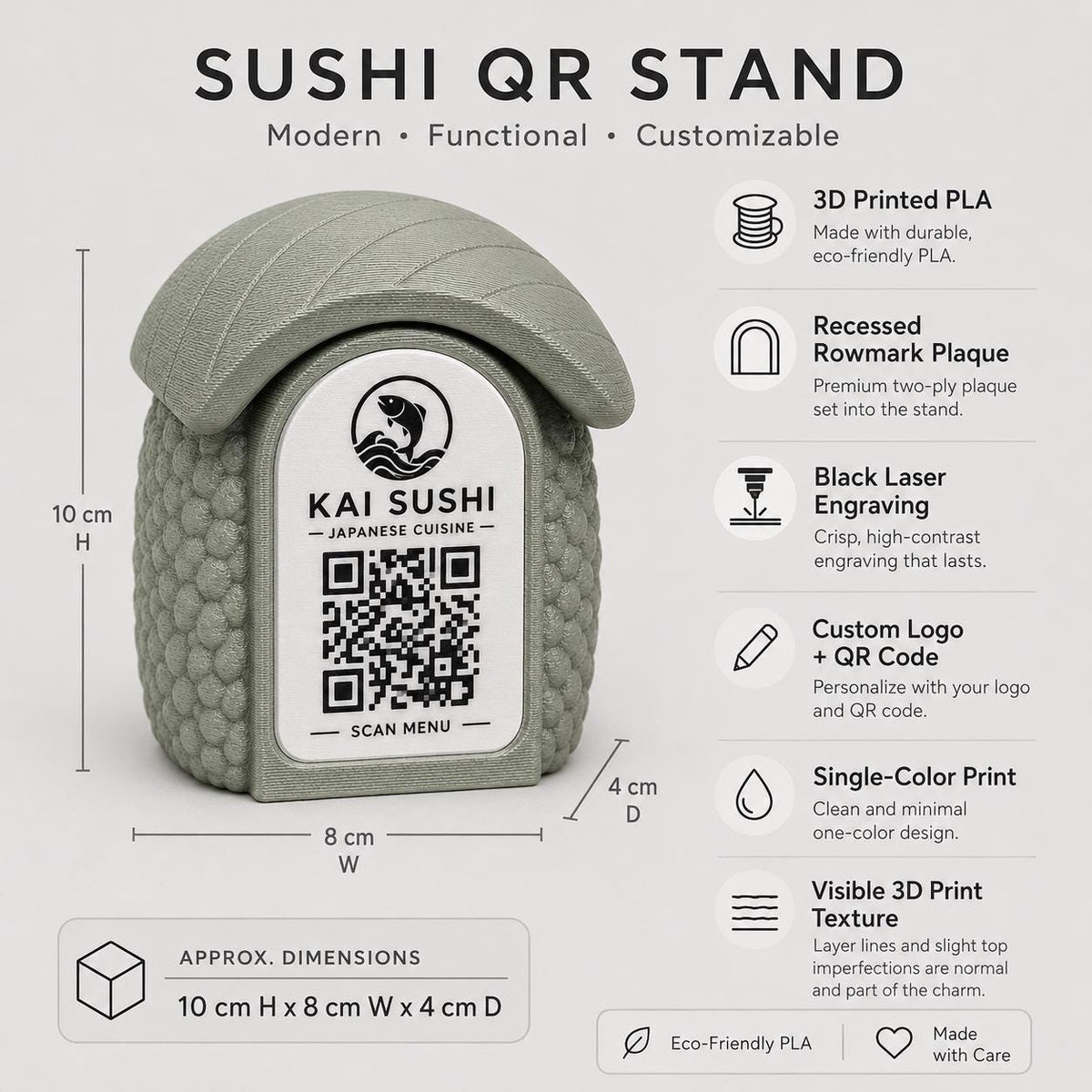 Porta Menu QR Code sushi nigiri Personalizzato, Espositore 3D per Tavoli Ristorante e Bar, Segnatavolo con Incisione Logo, Supporto Moderno