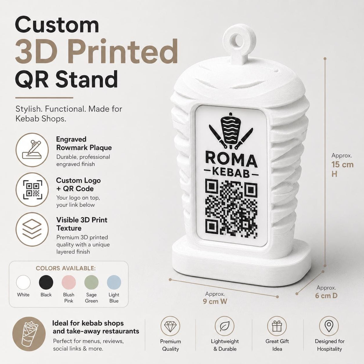 Porta Menu QR Code kebab Personalizzato, Espositore 3D per Tavoli Ristorante e Bar, Segnatavolo con Incisione Logo, Supporto Moderno