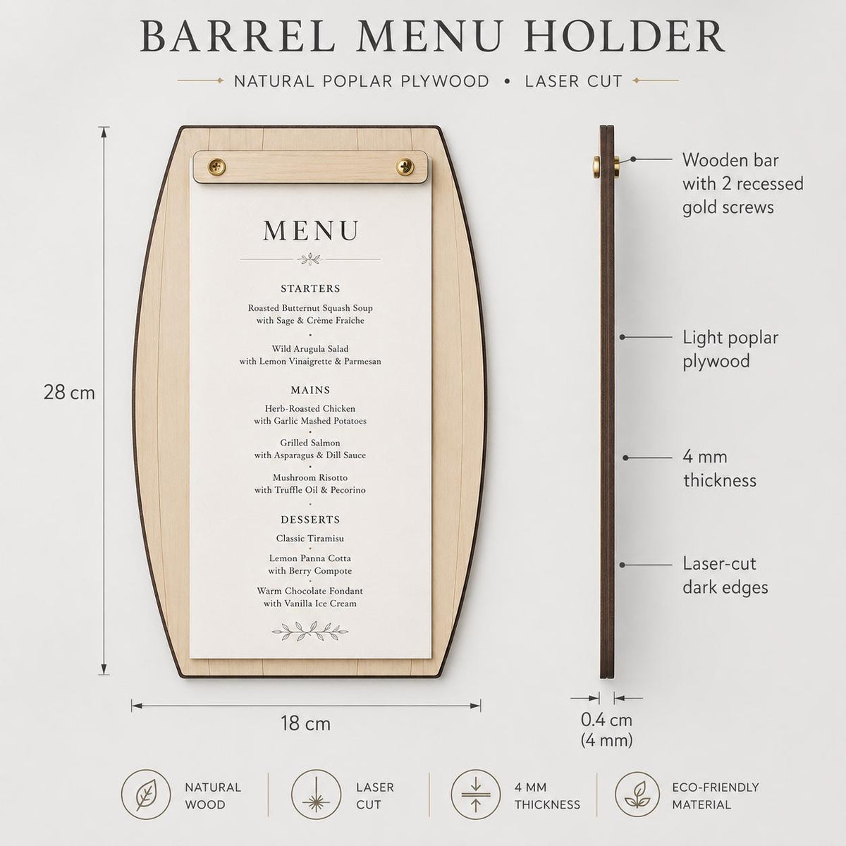 Portamenu in Legno a Forma di botte Formato A4, Tavoletta per Ristorante Pizzeria e Trattoria, Clipboard Personalizzata Incisione Logo
