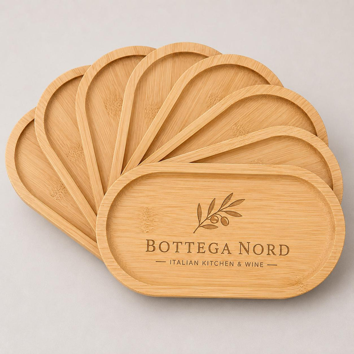 Confezione da 8 Pezzi Vassoio Legno Piccolo, 19,5 x 9,5 x 1cm Vassoio Caffe Legno, Vassoi Ovali Bambù per Colazione, Caffè, Pane, Tè, Dolci