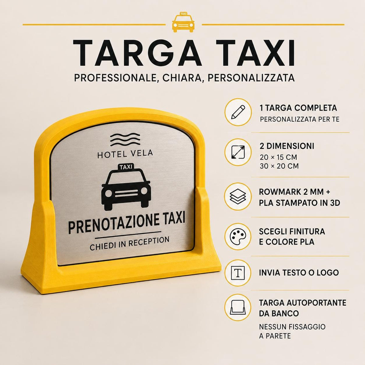 Targa Prenotazione Taxi Personalizzata Linea Tassametro | Segnaletica Hotel Reception in Rowmark e PLA 3D | Pezzo Singolo