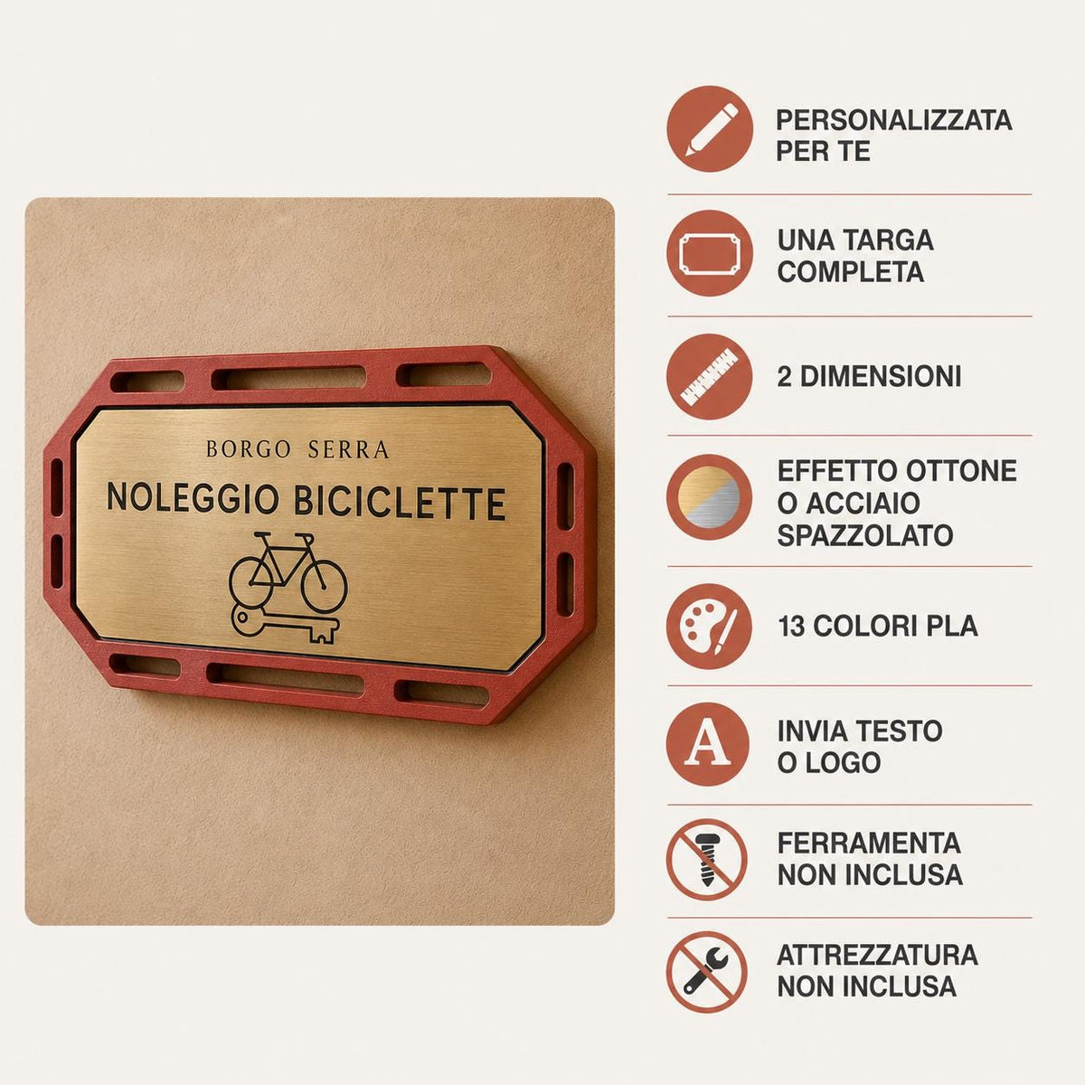 Targa Noleggio Biciclette Personalizzata Linea Pedale | Segnaletica Bike Rental Hotel in Rowmark e PLA 3D | Pezzo Singolo