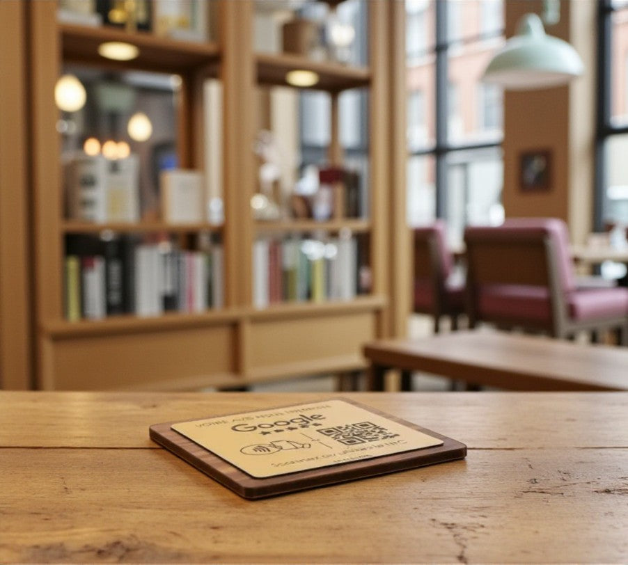 Lascia una recensione google in legno noce scuro con incisione personalizzata logo per ristorante bar pub locale rustico (Copia)
