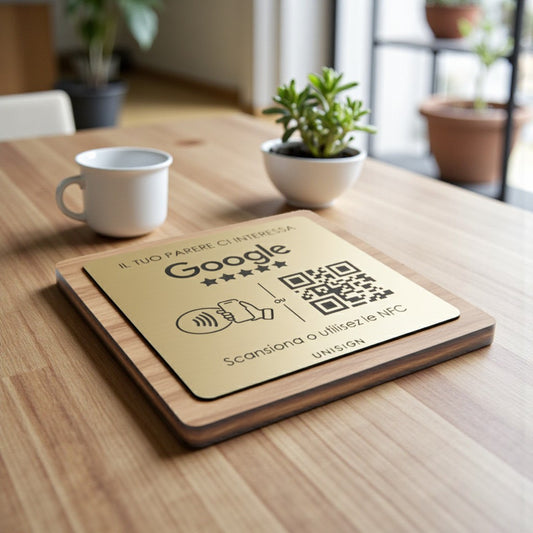 Lascia una recensione google  in legno noce scuro con incisione personalizzata logo per ristorante bar pub locale rustico (Copia)