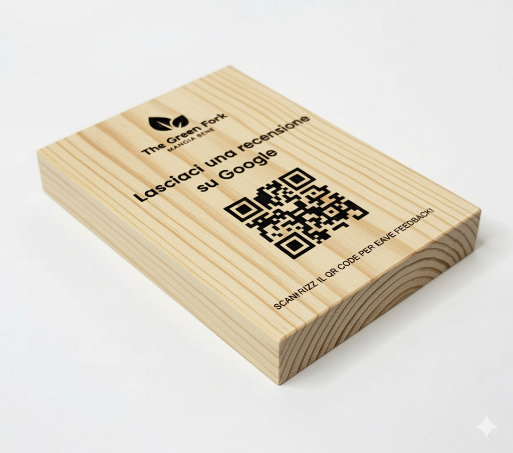 Totem in legno con QR Code inciso – Recensioni Google 5 stelle