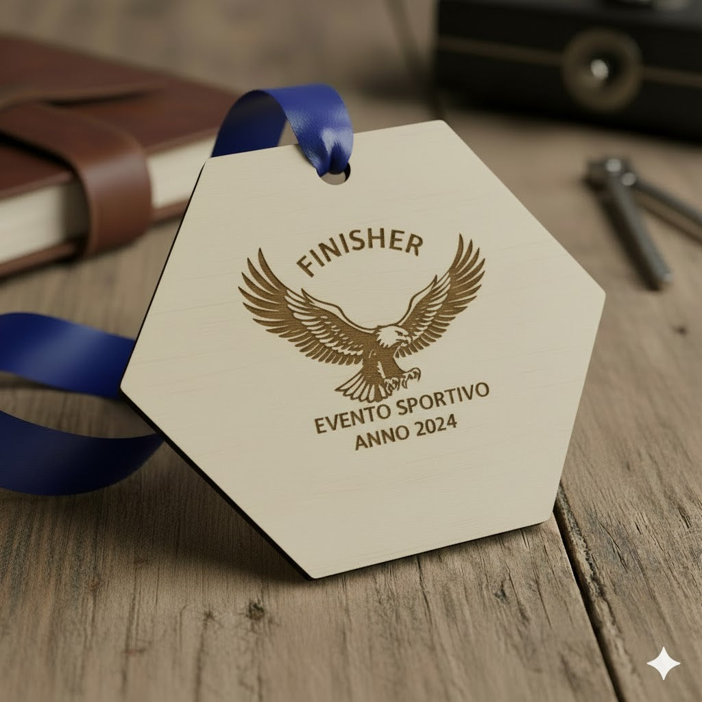 medaglia esagonale personalizzata in legno con incisione laser