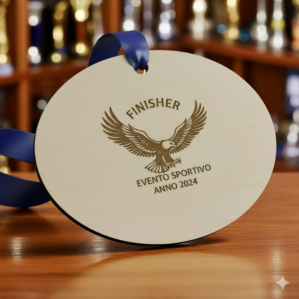 medaglia ovale personalizzata in legno con incisione laser