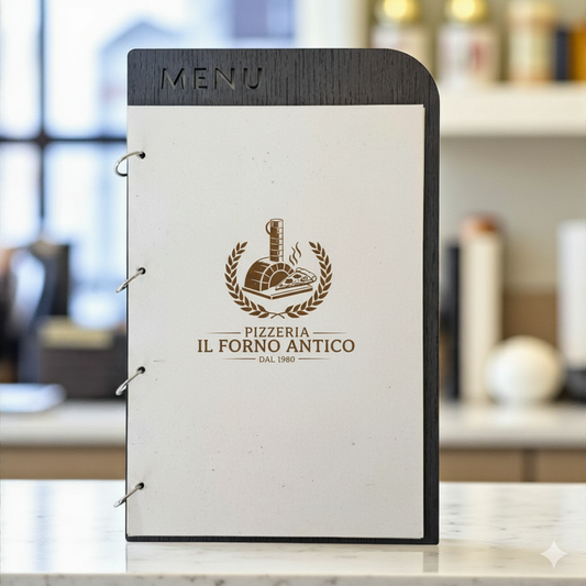 Porta menù in legno nero simil ebano formato A4/A5 per HoReCa (Hotel, Ristoranti, Bar), Porta menù personalizzato, Porta menù inciso con anelli, Menù con logo