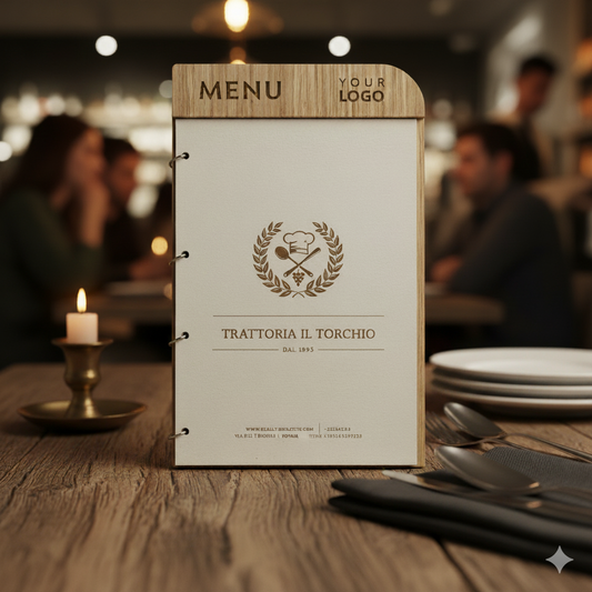 Porta menù in legno chiaro formato A4/A5 per HoReCa (Hotel, Ristoranti, Bar), Porta menù personalizzato, Porta menù inciso con anelli, Menù con logo
