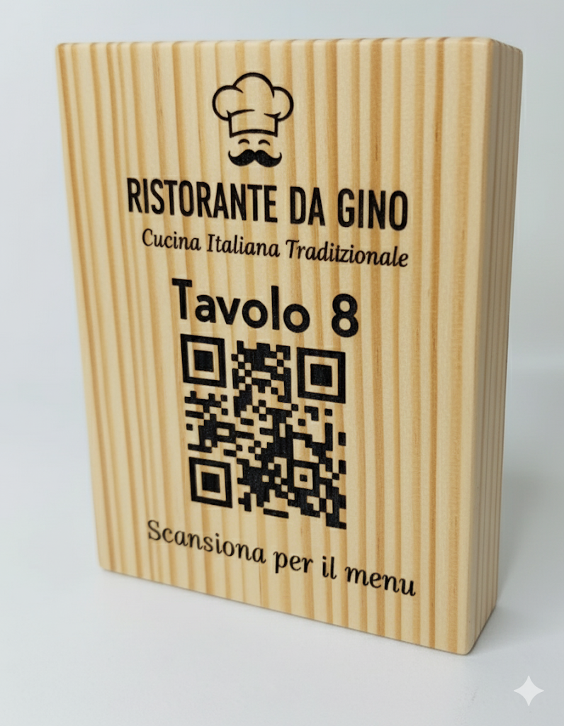 Totem in legno con QR Code inciso menù digitale inciso al laser