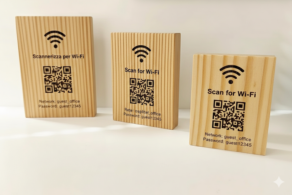 Totem in legno con QR Code inciso wifi –Scansiona per il cartello WiFi - Cartello con codice QR in legno per l'accesso WiFi - Targa con codice QR WiFi in legno di quercia personalizzata - Cartello WiFi modificabile - QR per Business Cafe Hotel