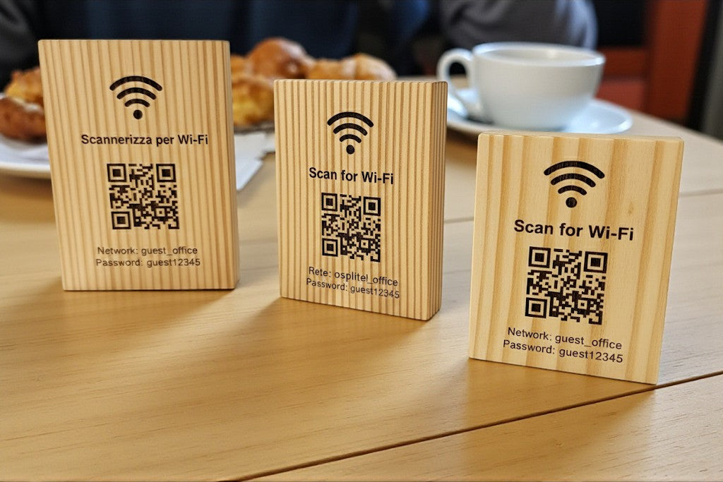 Totem in legno con QR Code inciso wifi –Scansiona per il cartello WiFi - Cartello con codice QR in legno per l'accesso WiFi - Targa con codice QR WiFi in legno di quercia personalizzata - Cartello WiFi modificabile - QR per Business Cafe Hotel