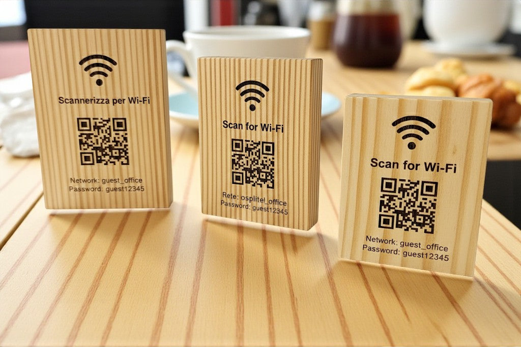 Totem in legno con QR Code inciso wifi –Scansiona per il cartello WiFi - Cartello con codice QR in legno per l'accesso WiFi - Targa con codice QR WiFi in legno di quercia personalizzata - Cartello WiFi modificabile - QR per Business Cafe Hotel