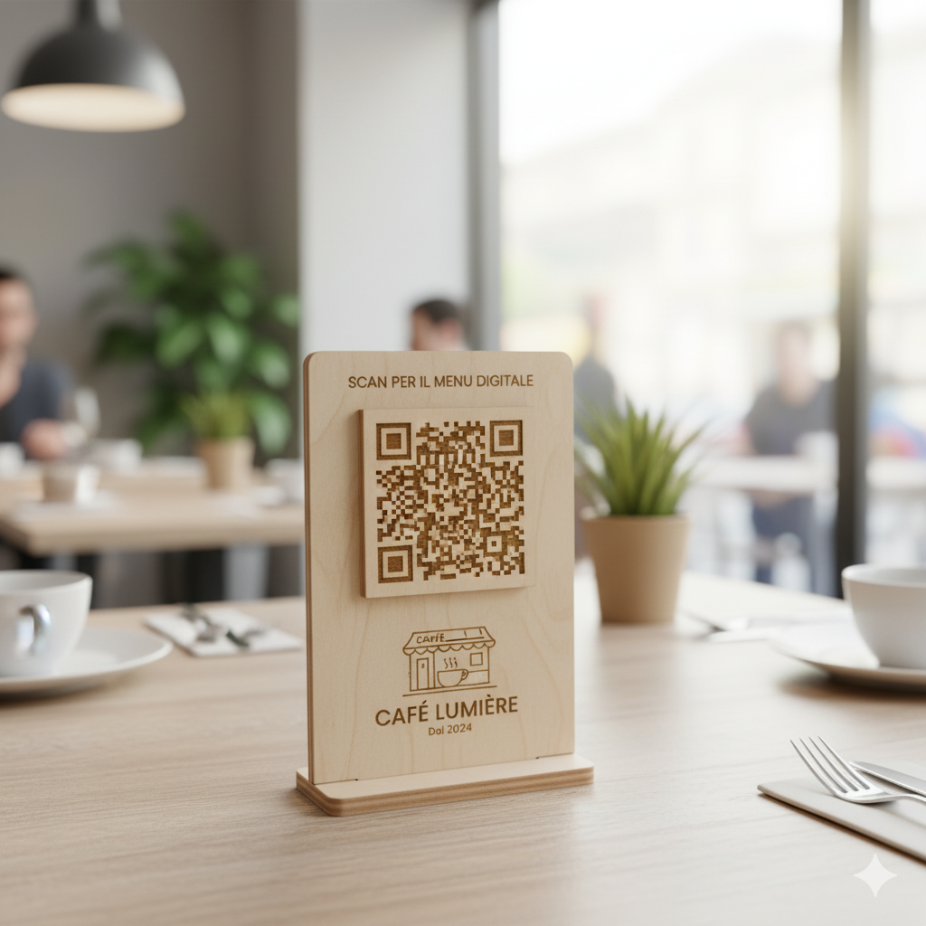 qr code cavalierino in legno con incisione personalizzata logo per ristorante bar pub locale rustico (Copia)