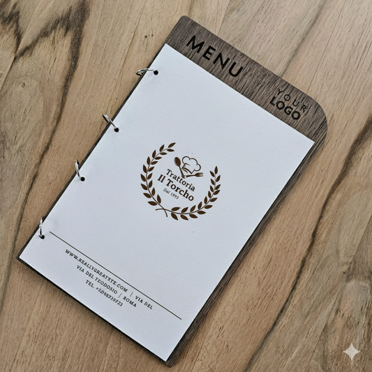 Porta menù in legno noce scuro formato A4/A5 per HoReCa (Hotel, Ristoranti, Bar), Porta menù personalizzato, Porta menù inciso con anelli, Menù con logo (Copia)