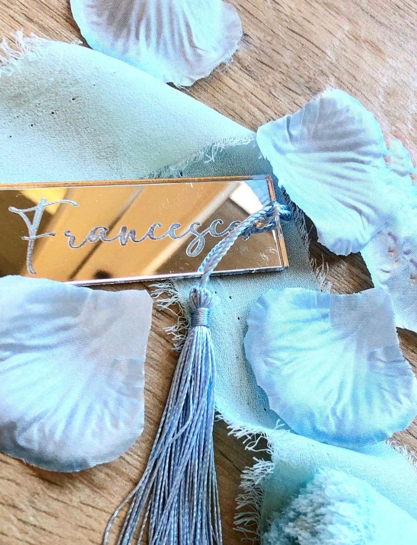 Tag / Segnaposto in plexiglass specchiato rettangolare oro o argento Battesimo / Matrimonio / Nozze / Comunione