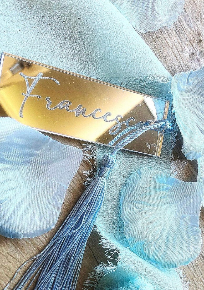 Tag / Segnaposto in plexiglass specchiato rettangolare oro o argento Battesimo / Matrimonio / Nozze / Comunione