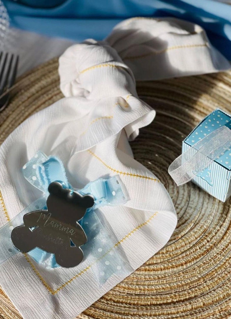 Tag / Segnaposto orsetto in plexiglass specchiato rettangolare oro o argento Battesimo / Matrimonio / Nozze / Comunione