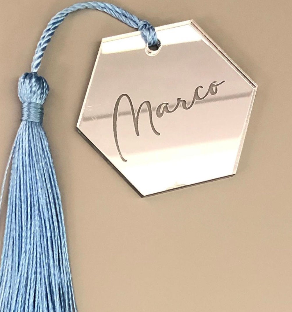 Tag / Segnaposto esagonale in plexiglass specchiato rettangolare oro o argento Battesimo / Matrimonio / Nozze / Comunione