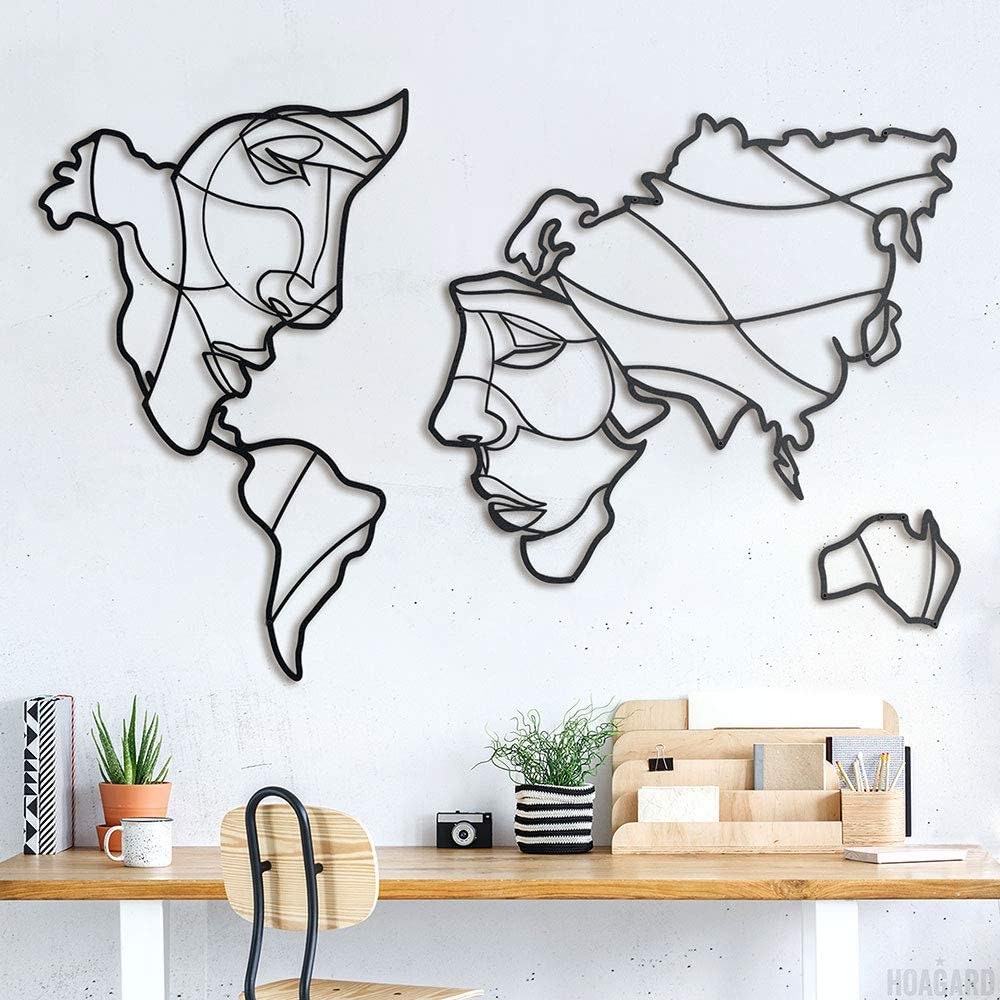 Planisfero da parete mdf nero faccia volti verniciato nero, tagliato a laser, legno mappamondo decorazione casa