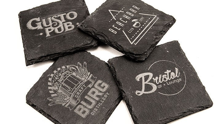 sottobicchieri ardesia personalizzati 4 pezzi 10x10cm a con logo aziendale, personalizzato in legno personalizzato, inciso