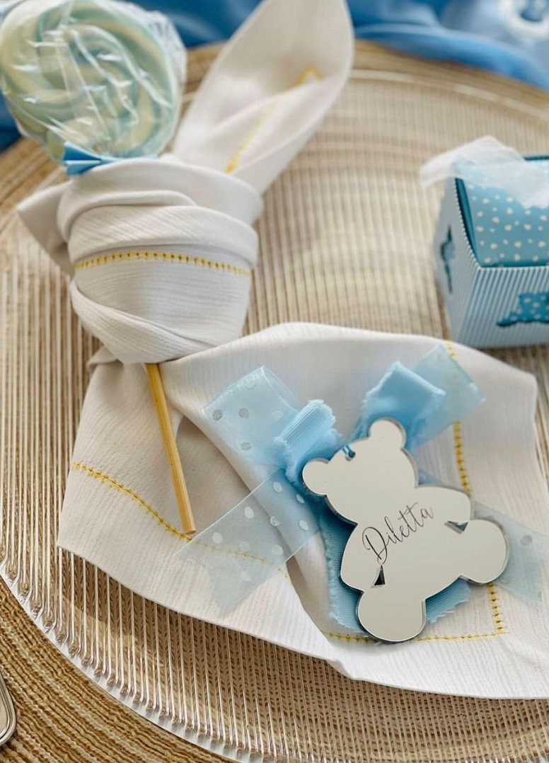 Tag / Segnaposto orsetto in plexiglass specchiato rettangolare oro o argento Battesimo / Matrimonio / Nozze / Comunione