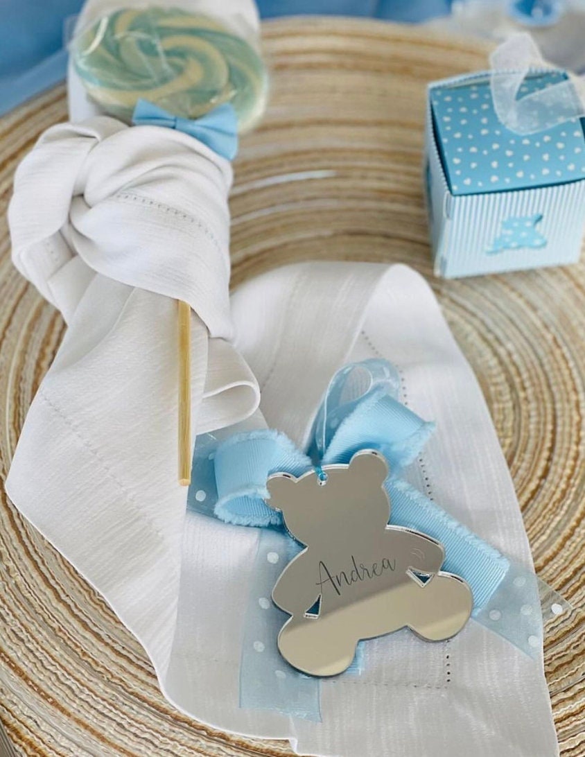 Tag / Segnaposto orsetto in plexiglass specchiato rettangolare oro o argento Battesimo / Matrimonio / Nozze / Comunione