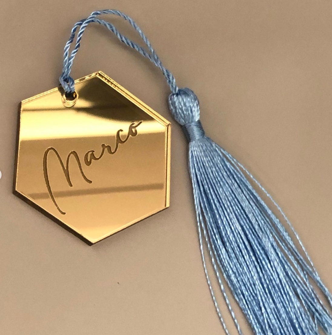 Tag / Segnaposto esagonale in plexiglass specchiato rettangolare oro o argento Battesimo / Matrimonio / Nozze / Comunione