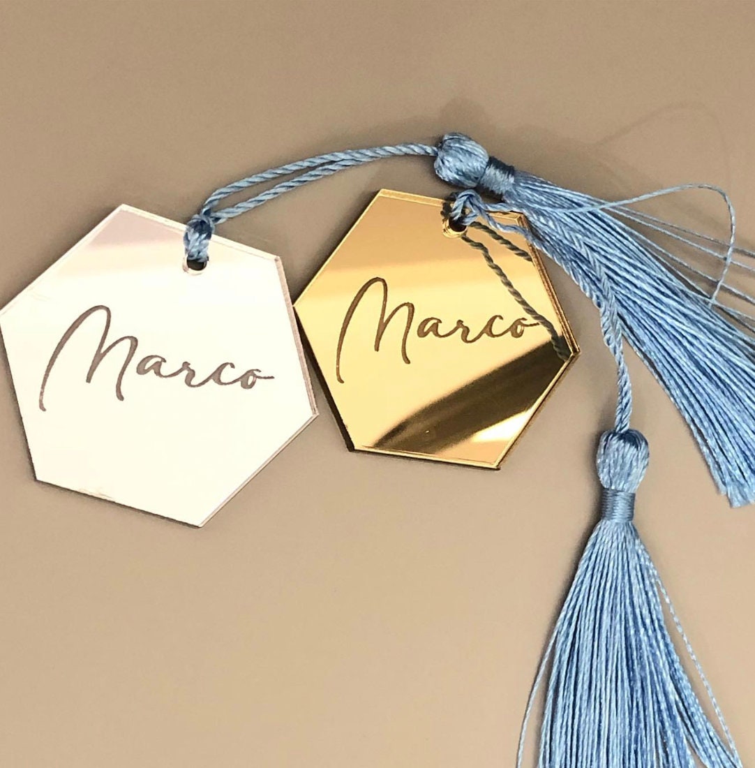 Tag / Segnaposto esagonale in plexiglass specchiato rettangolare oro o argento Battesimo / Matrimonio / Nozze / Comunione