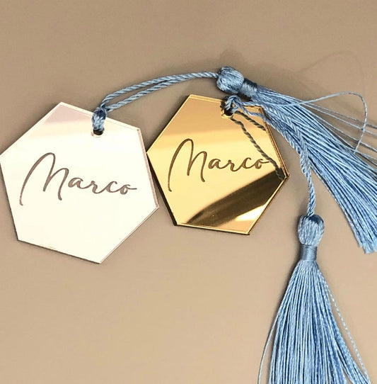 Tag / Segnaposto esagonale in plexiglass specchiato rettangolare oro o argento Battesimo / Matrimonio / Nozze / Comunione