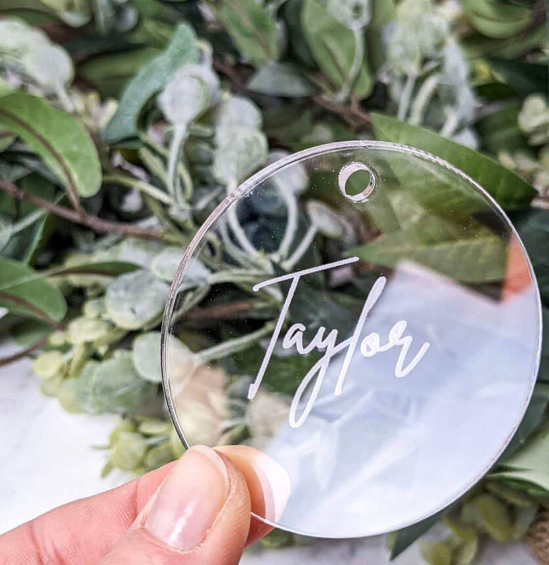 Tag / Segnaposto cerchio in plexiglass trasparente o satinato Battesimo / Matrimonio / Nozze / Comunione