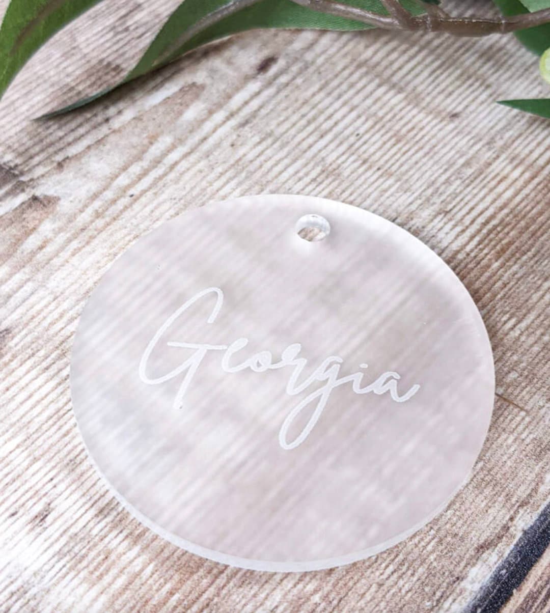 Tag / Segnaposto cerchio in plexiglass trasparente o satinato Battesimo / Matrimonio / Nozze / Comunione