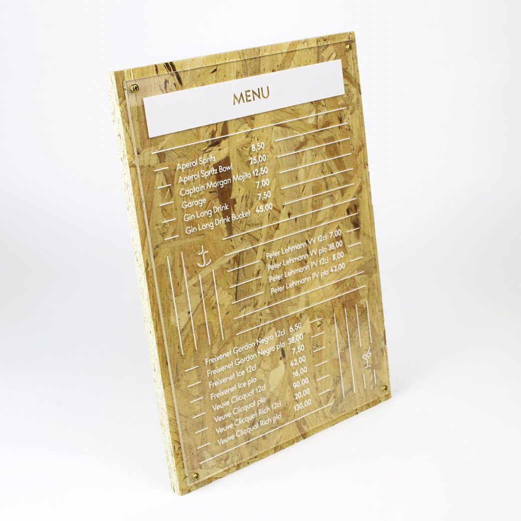 Portamenu 10-50-100 pz in legno osb e plexiglas personalizzati con incisione laser logo ristorante con pinza portafogli economico