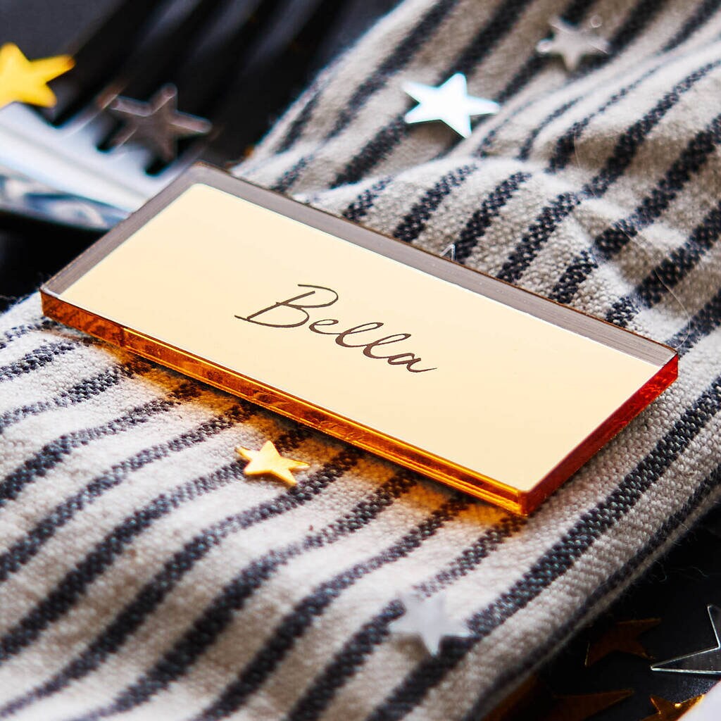 Tag / Segnaposto in plexiglass specchiato rettangolare oro o argento Battesimo / Matrimonio / Nozze / Comunione