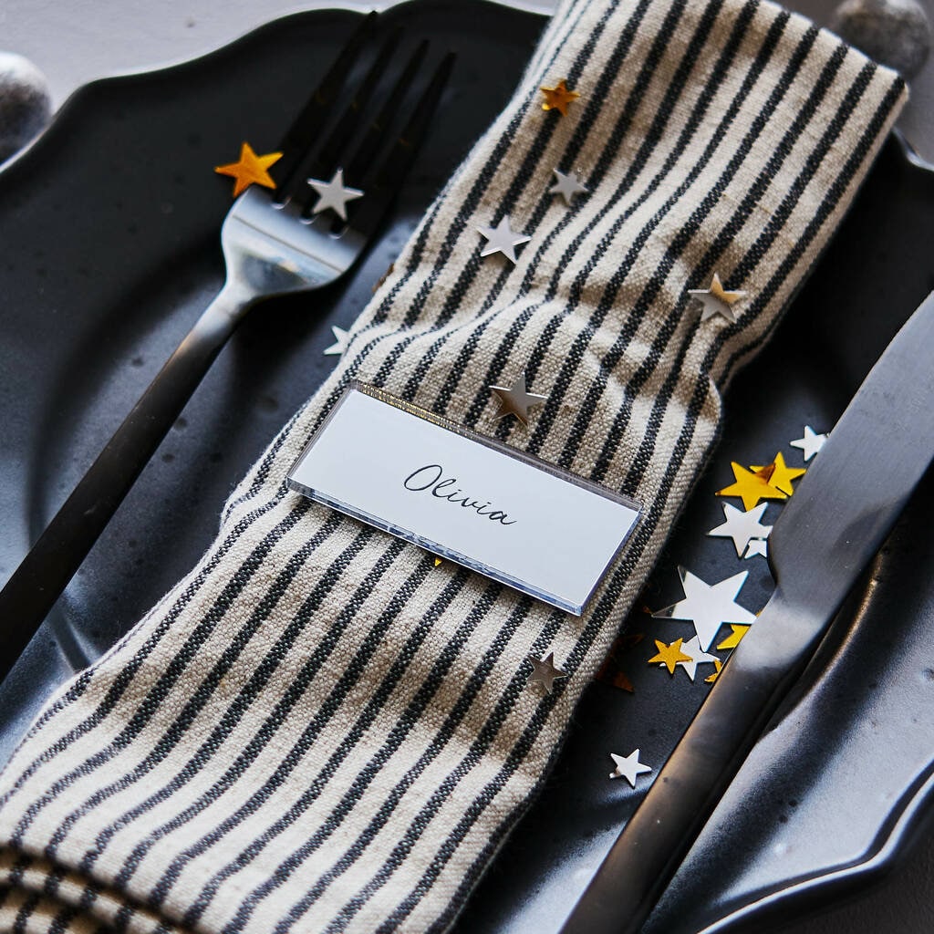 Tag / Segnaposto in plexiglass specchiato rettangolare oro o argento Battesimo / Matrimonio / Nozze / Comunione