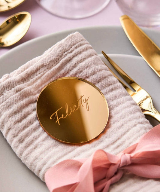 Tag / Segnaposto tondo in plexiglass specchiato rettangolare oro o argento Battesimo / Matrimonio / Nozze / Comunione