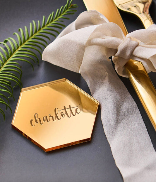 Tag / Segnaposto esagonale in plexiglass specchiato rettangolare oro o argento Battesimo / Matrimonio / Nozze / Comunione