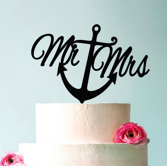 cake topper personalizzato mr and mrs con ancora tema marino in plexiglas sagomato tagliato laser