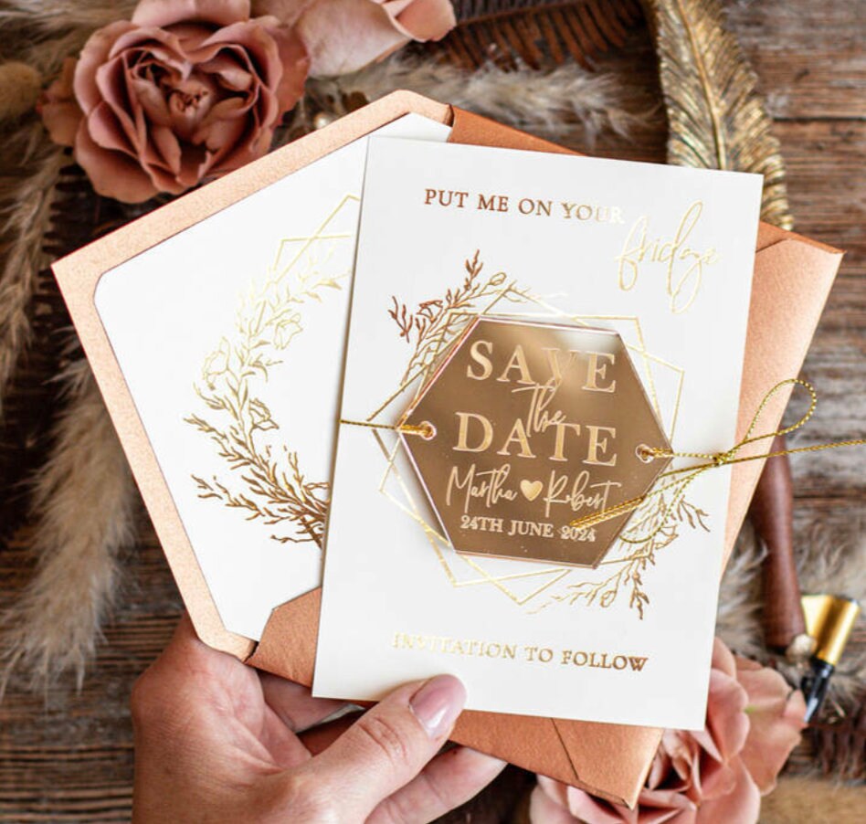 Bomboniera oro plexiglas magnete personalizzato inciso magnete save the date bomboniera personalizzata in legno matrimonio nozze cresima
